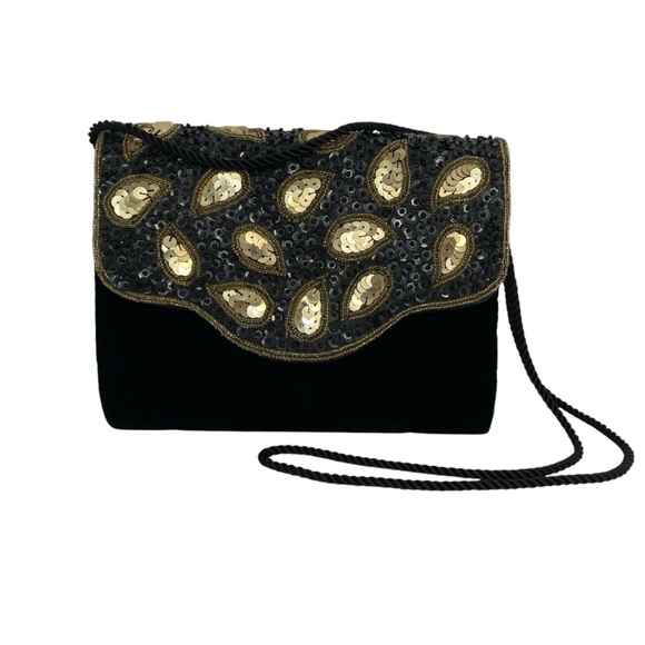 Vintage 80s Mervyn’s Partners Black Velvet Beaded Sequin Handmade Evening Purse - Picture 1 of 9